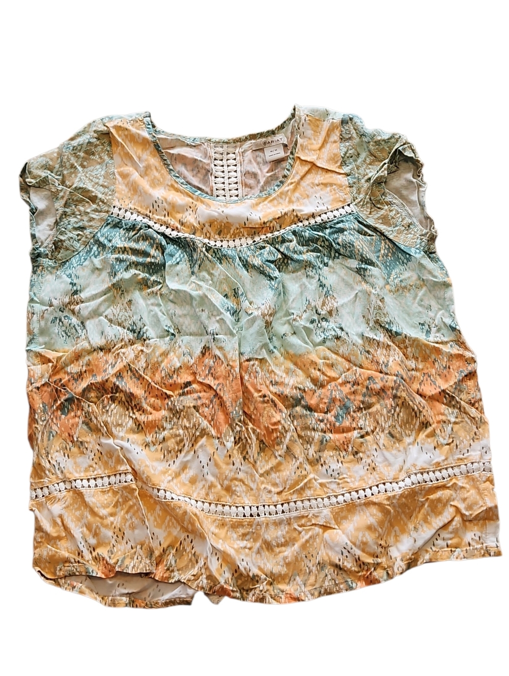 Boho Tie-Dye Crochet Trim Tank Top in Aqua Green & Orange Ariat